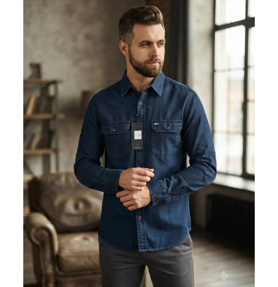 Camisa Vaquera de Manga Larga para Hombre en Denim Oscuro con Doble Bolsillo