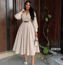 Vestido Midi Camisero Elegante en Tono Beige con Cinturón y Falda Plisada de Manga Larga para Mujer
