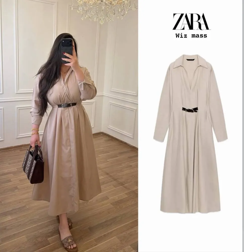Vestido Midi Camisero Elegante en Tono Beige con Cinturón y Falda Plisada de Manga Larga para Mujer