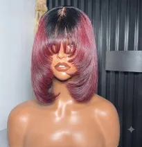 Peluca Bob Corta de Pelo Humano con Flequillo y Degradado Tono Borgoña y Raíces Oscuras para Mujer