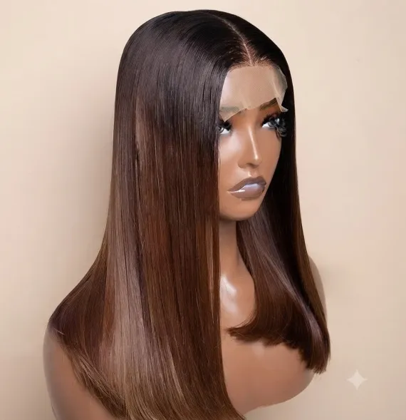 Peluca Lacia de Pelo Humano con Encaje Frontal y Degradado Tono Castaño y Raíces Oscuras para Mujer