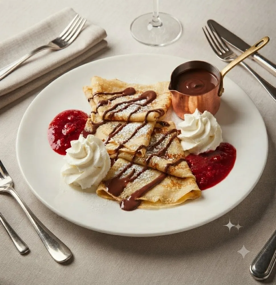 Plato de Crepes Caseros Rellenos con Baño de Chocolate, Nata Montada y Confitura de Frambuesa