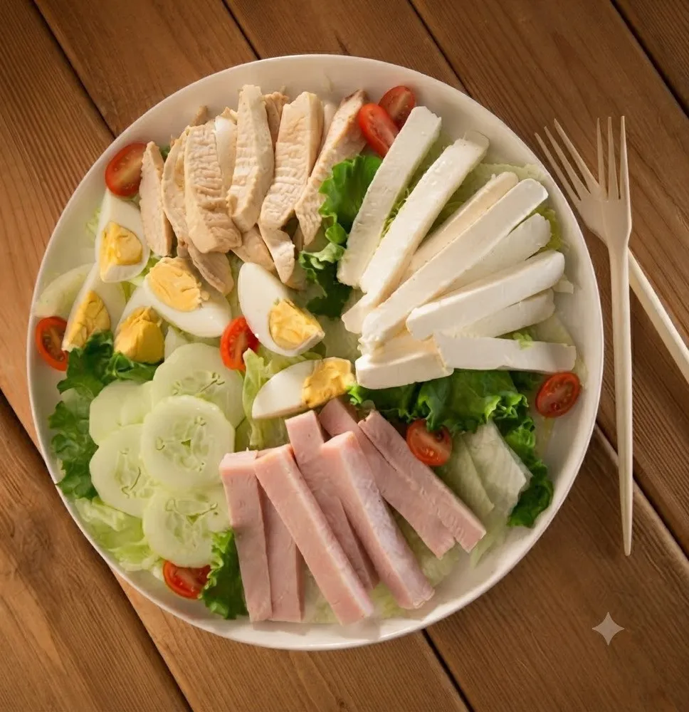 Ensalada Completa Proteica con Pollo, Jamón, Queso Fresco, Huevo y Vegetales