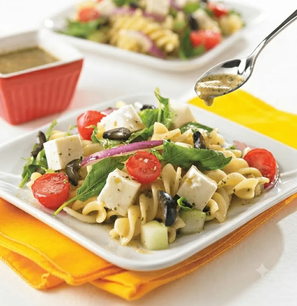 Ensalada Griega con Pasta, Queso Feta, Manchego, Aceitunas y Aderezo de Aceite de Oliva