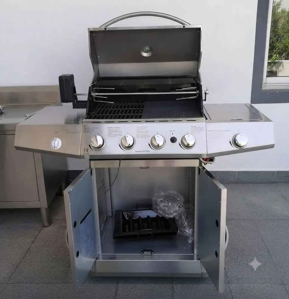 Barbacoa de Gas de Acero Inoxidable con Quemadores Múltiples, Rotisserie y Gabinete de Almacenamiento