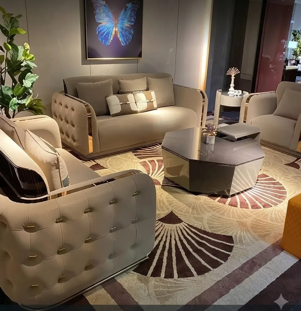 Juego de Sallias Elegante Estilo Contemporáneo con Sofás Capitoneados, Sillones y Mesa de Centro Hexagonal