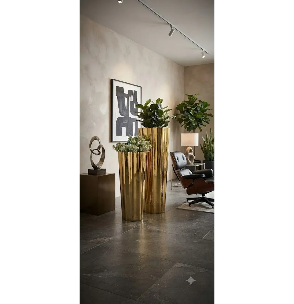 Jarrón Decorativo de Pie Dorado con Superficie Metálica Brillante y Diseño Ondulado
