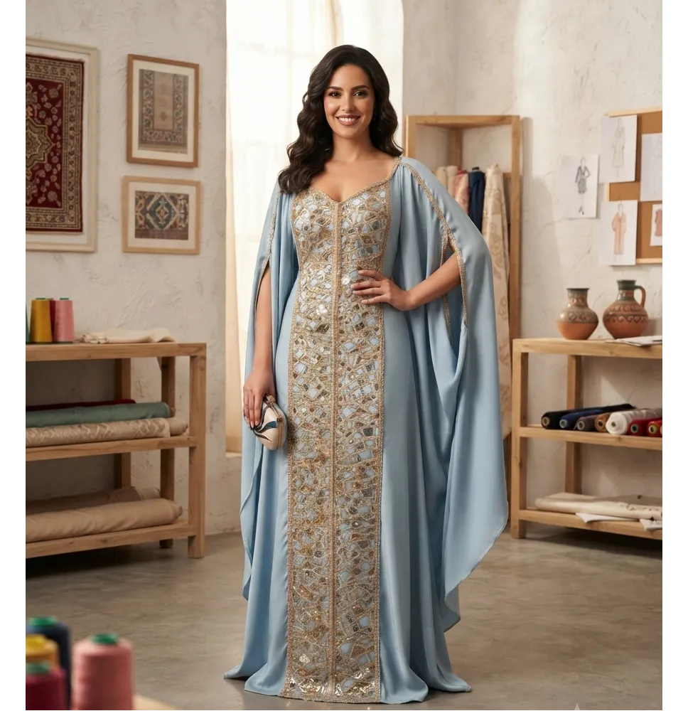 Caftán Largo Elegante Azul Celeste con Pedrería Dorada y Capa - Vestido Tradicional de Lujo