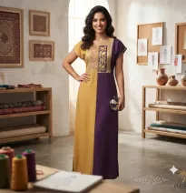 Vestido Largo Bicolor Mostaza y Morado Bordado - Túnica Elegante de Manga Corta