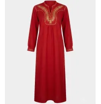 Vestido Largo Rojo con Bordados Dorados - Túnica Elegante de Manga Larga