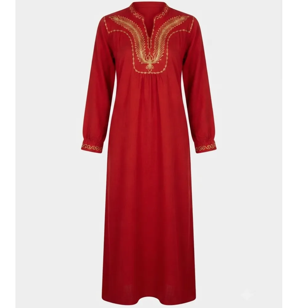 Vestido Largo Rojo con Bordados Dorados - Túnica Elegante de Manga Larga