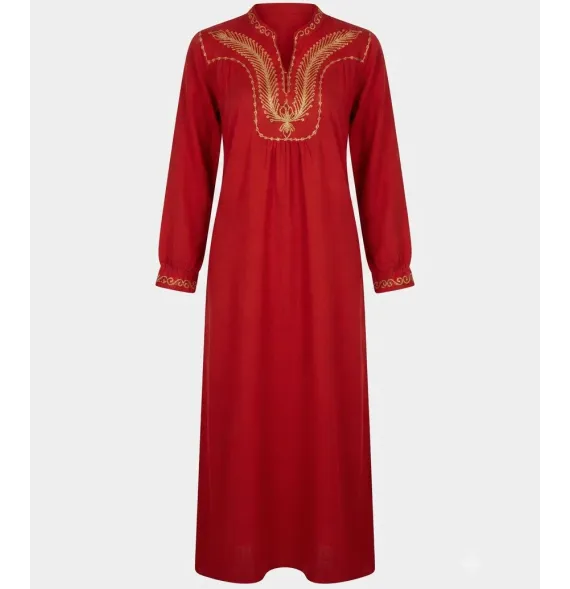 Vestido Largo Rojo con Bordados Dorados - Túnica Elegante de Manga Larga