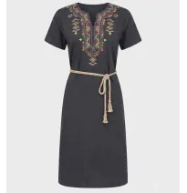 Vestido Midi Gris Oscuro con Bordados Geométricos y Cinto de Cuerda - Túnica Casual de Manga Corta