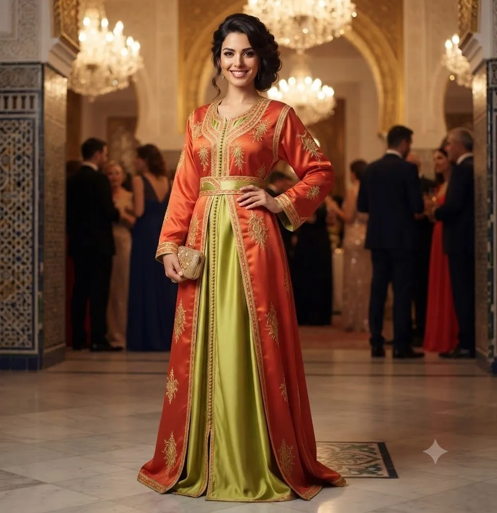 Caftán Tradicional Bicolor Naranja y Verde Lima con Bordados Dorados y Capa - Vestido de Alta Costura