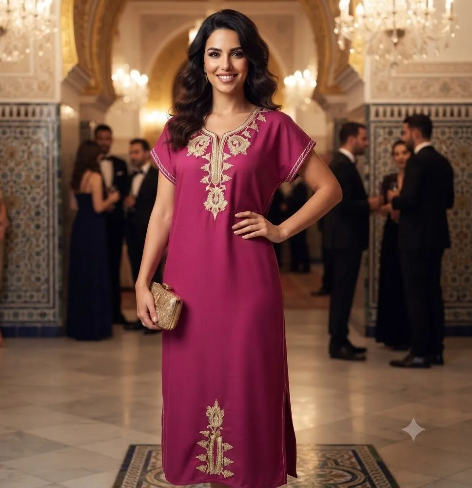 Vestido Midi Fucsia con Bordados Dorados y Aberturas - Túnica Elegante de Manga Corta
