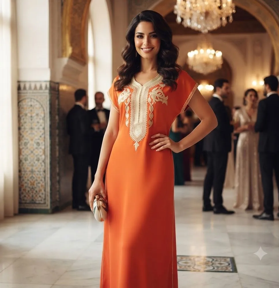 Vestido Largo Naranja con Bordados Dorados en el Escote - Túnica Elegante de Manga Corta