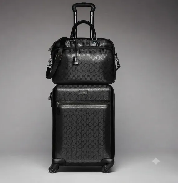 Set de Equipaje de Lujo con Maleta Rígida de 4 Ruedas y Maletín / Bolsa de Viaje a Juego - Negro con Monograma