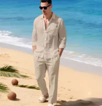 Conjunto Casual de Dos Piezas con Camisa de Manga Larga y Pantalón Largo de Lino