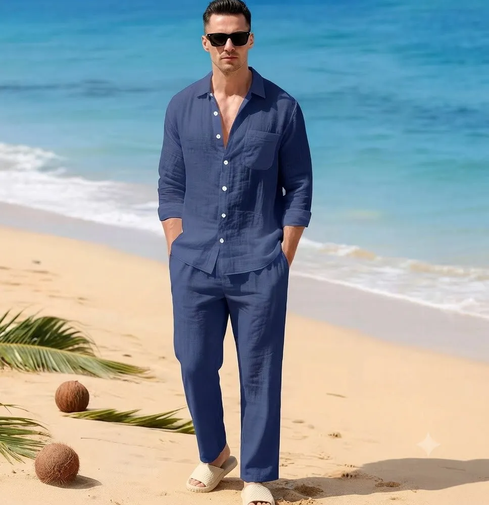 Conjunto Casual de Dos Piezas con Camisa de Manga Larga y Pantalón Largo de Lino