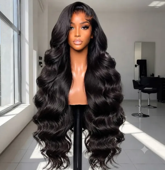 Peluca Larga de Pico con Ondas Suaves y Cabello Negro Natural
