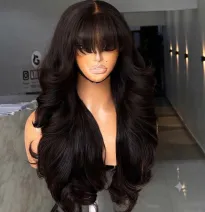 Peluca Larga con Ondas Voluminosas y Flequillo Frontal en Tono Castaño Oscuro