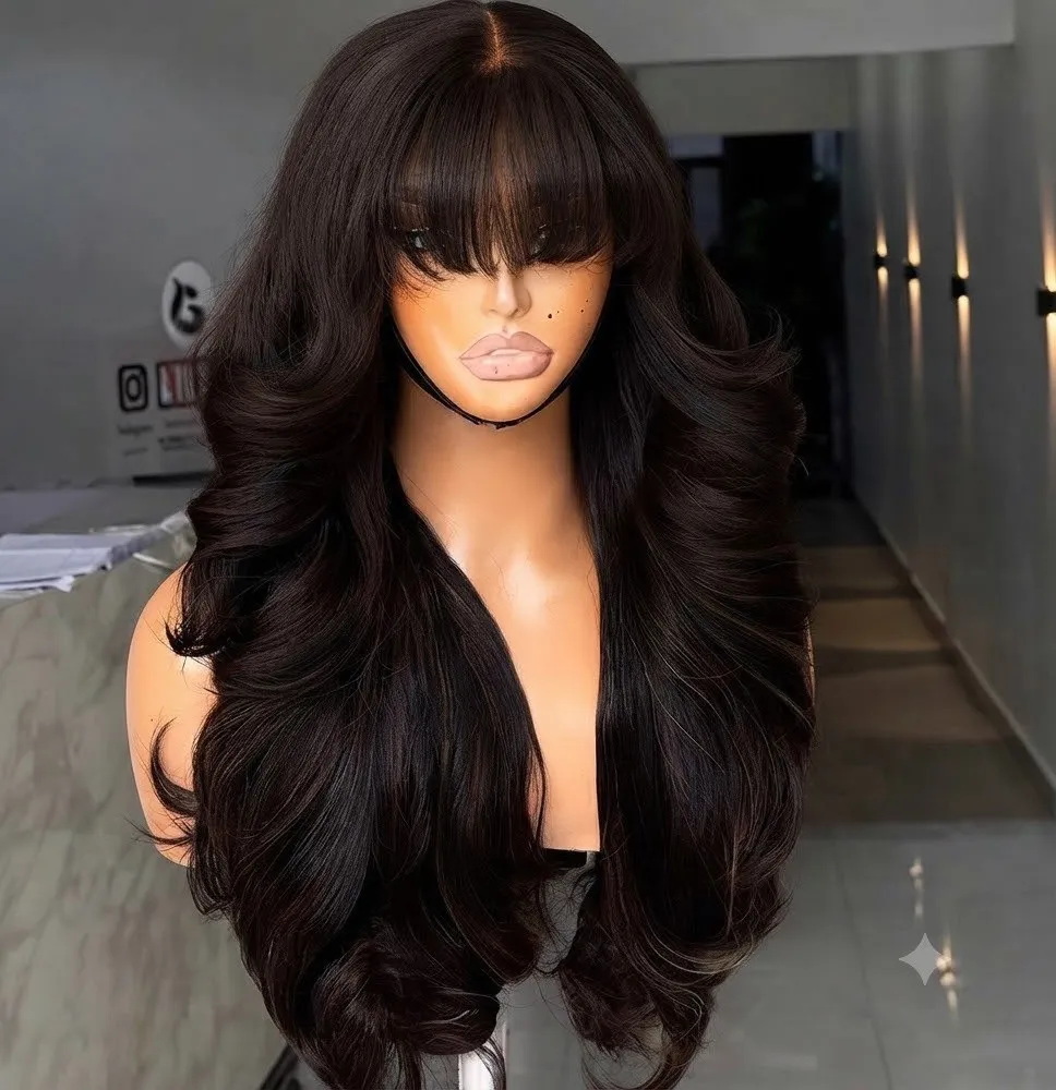 Peluca Larga con Ondas Voluminosas y Flequillo Frontal en Tono Castaño Oscuro
