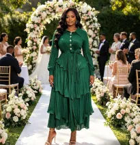 Vestido Largo Elegante Plisado con Falda Escalonada, Botones Frontales y Cinturón