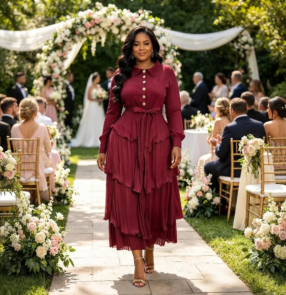 Vestido Largo Elegante Plisado con Falda Escalonada, Botones Frontales y Cinturón