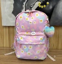 Mochila Escolar Infantil con Estampado de Margaritas y Llavero de Peluche