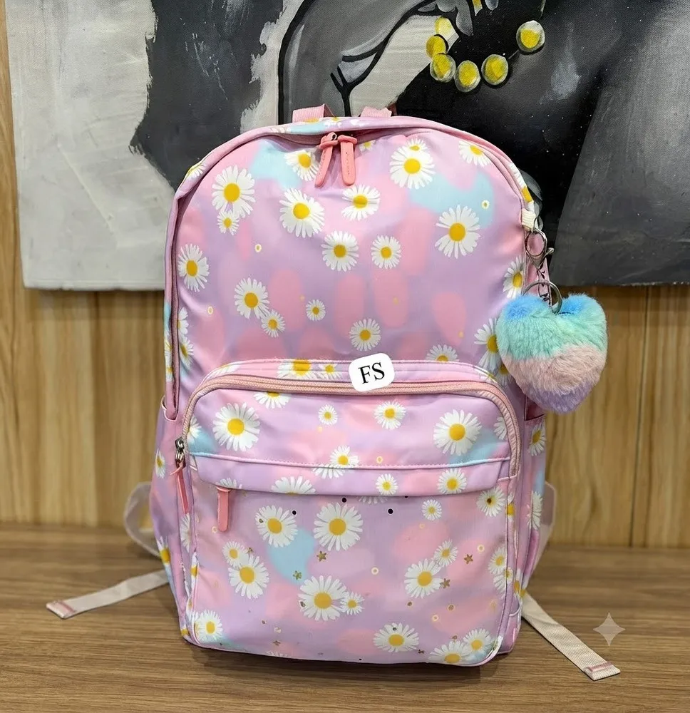 Mochila Escolar Infantil con Estampado de Margaritas y Llavero de Peluche
