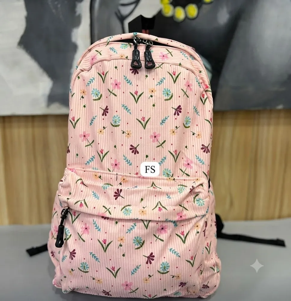 Mochila Escolar Infantil de Pana con Estampado de Pequeñas Flores - Color Rosa