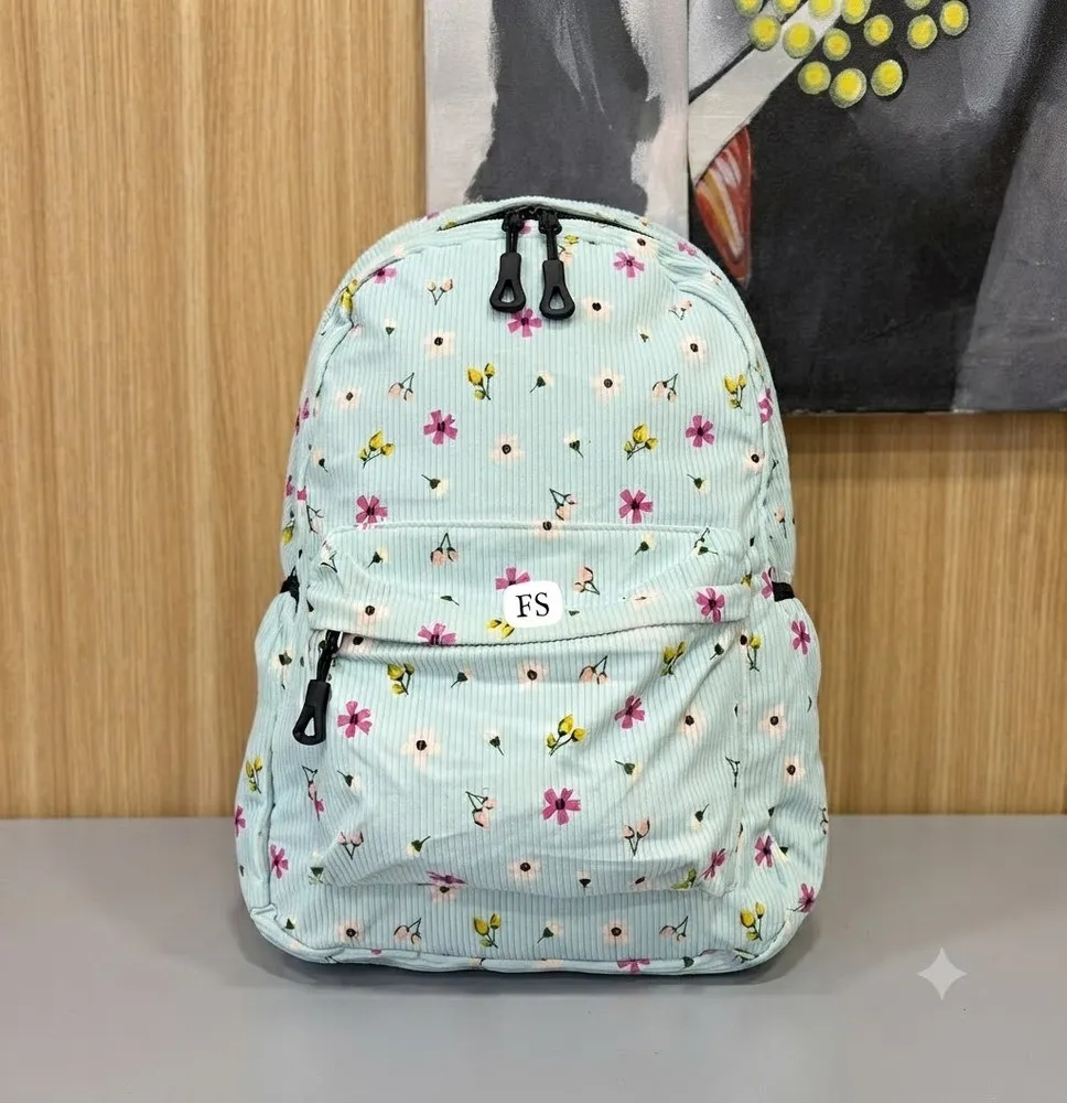 Mochila Escolar Infantil de Pana con Estampado de Pequeñas Flores - Color Rosa