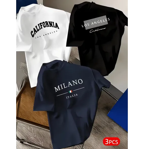 Conjunto de 3 Camisetas Gráficas Urbanas para Hombre