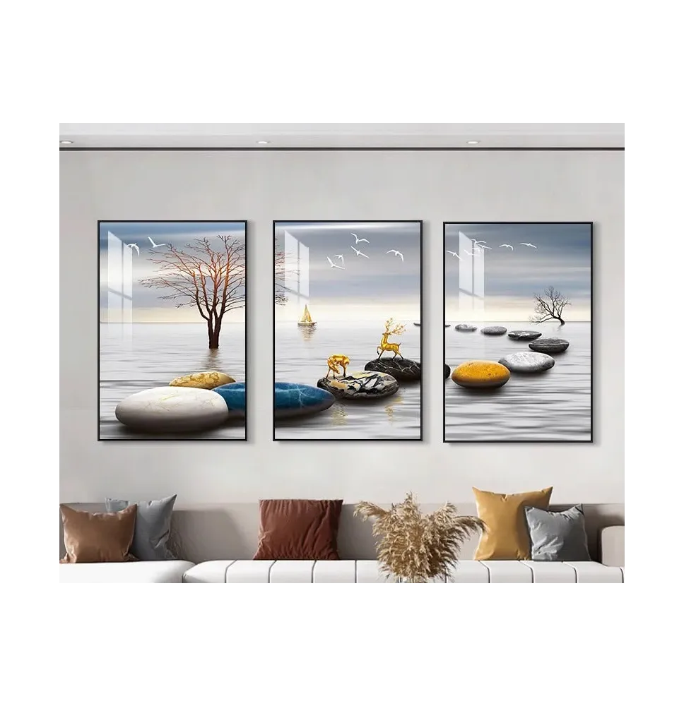 Set de 3 cuadros decorativos lago y piedras