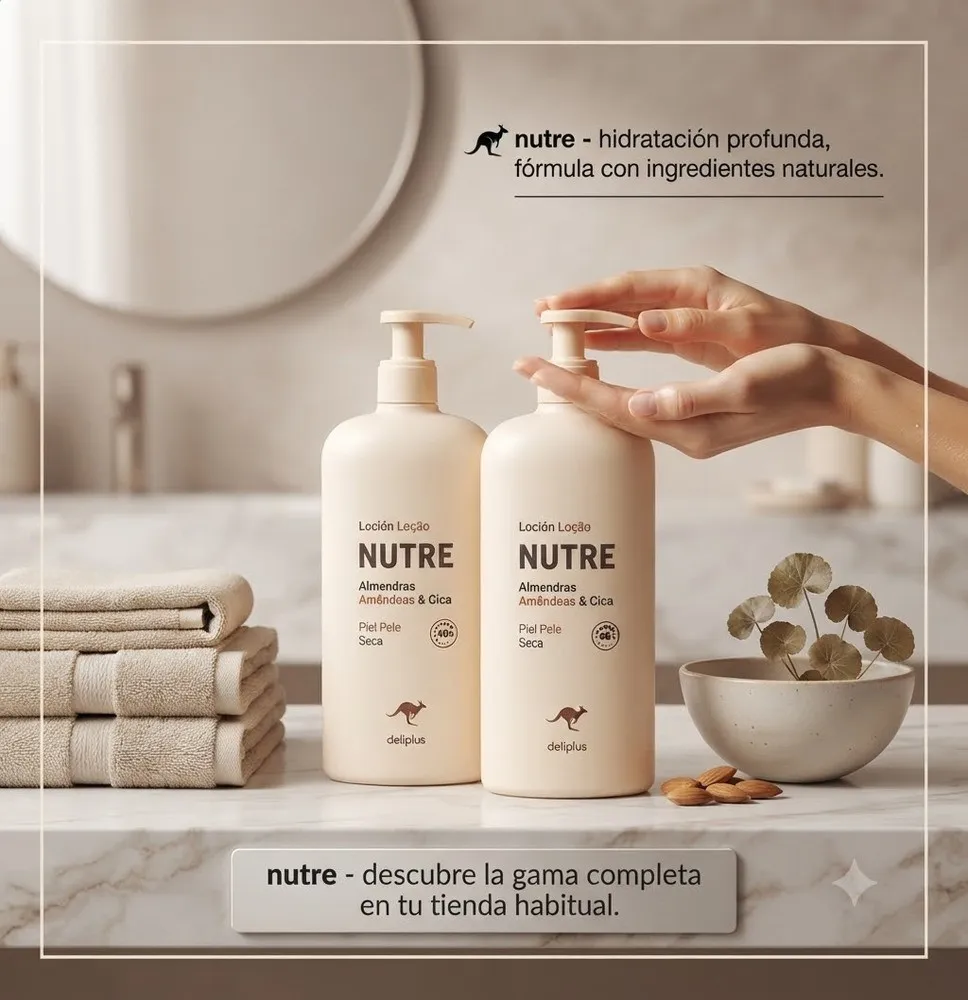 Deliplus Nutre Loción Corporal Almendras & Cica – Loción Hidratante para Piel Seca con 48H de Hidratación – Botella con Dosifica