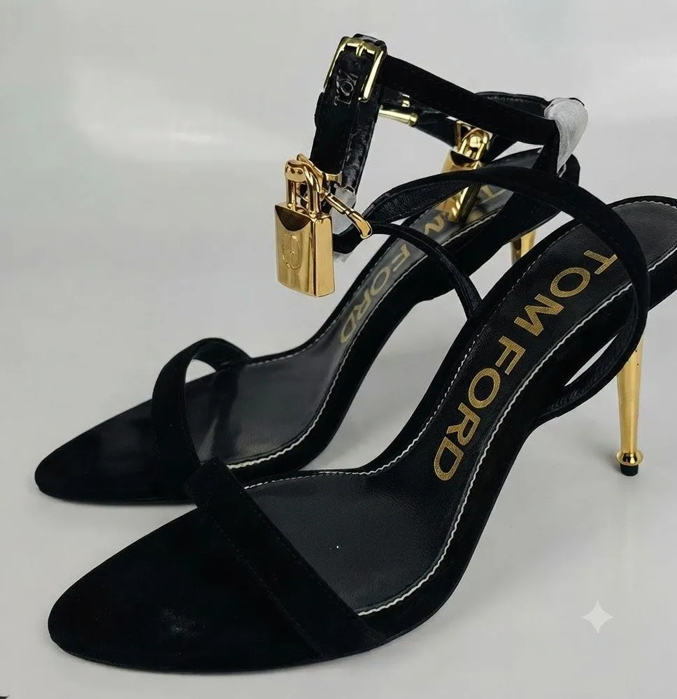 Padlock Charm Cross-Strap Stiletto High Heels – Sandalias de Tacón Alto con Tiras Cruzadas y Dije de Candado para Mujer