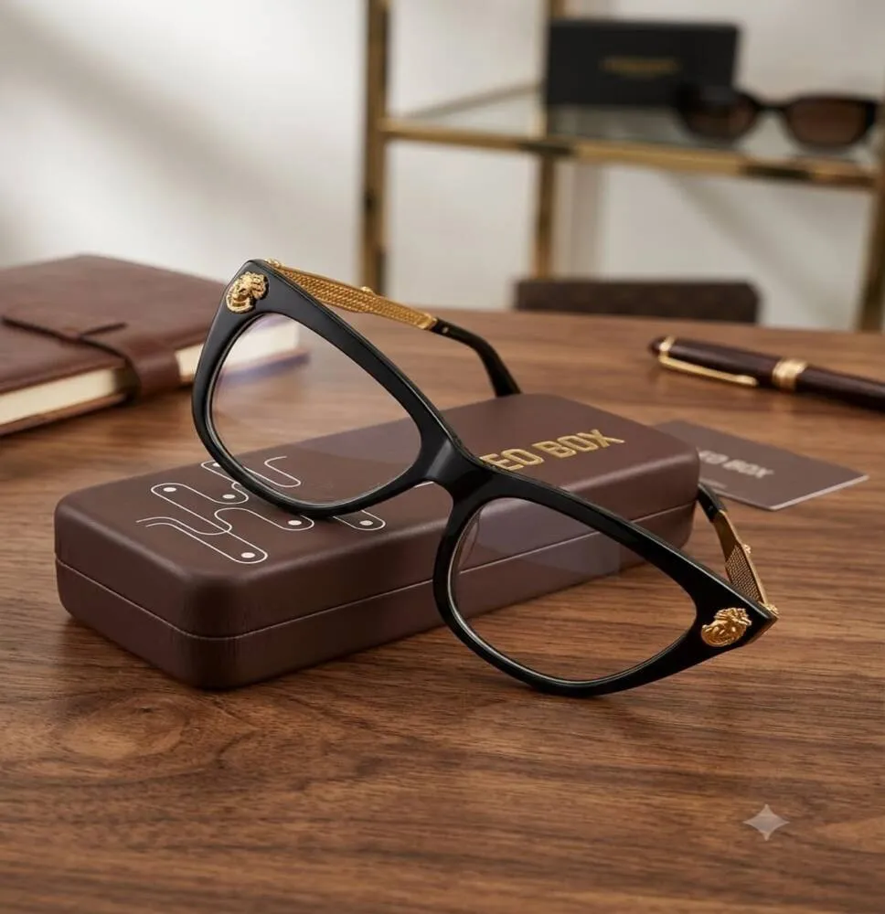 Gafas Negras Estilo Ojo de Gato con Emblema de León Dorado y Patillas Texturizadas
