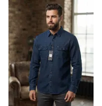 Camisa Vaquera de Manga Larga para Hombre en Denim Oscuro con Doble Bolsillo