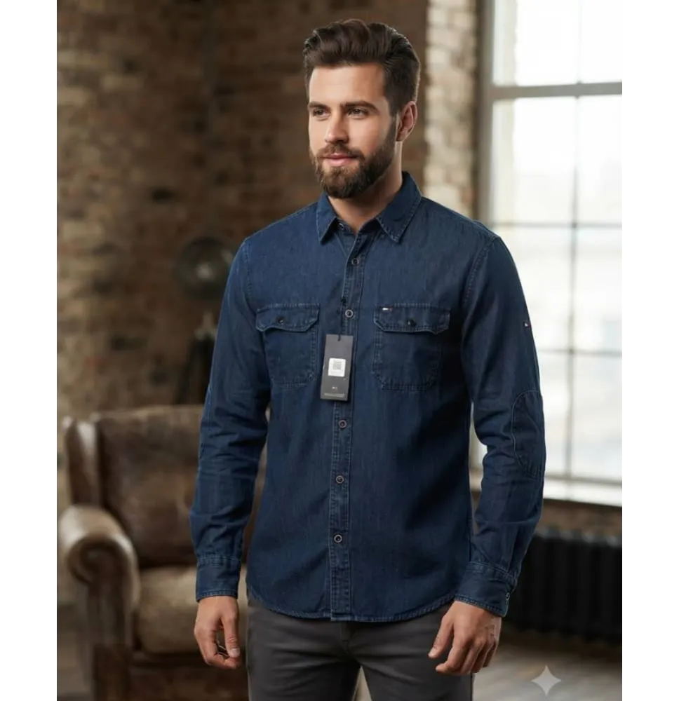 Camisa Vaquera de Manga Larga para Hombre en Denim Oscuro con Doble Bolsillo