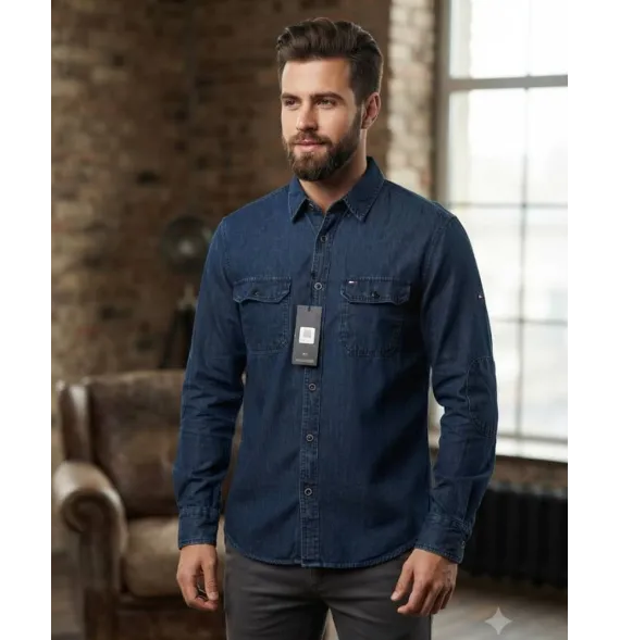 Camisa Vaquera de Manga Larga para Hombre en Denim Oscuro con Doble Bolsillo